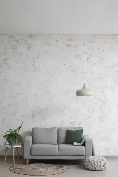 Grey Sofa Table Houseplant Pouf Light Wall — Φωτογραφία Αρχείου
