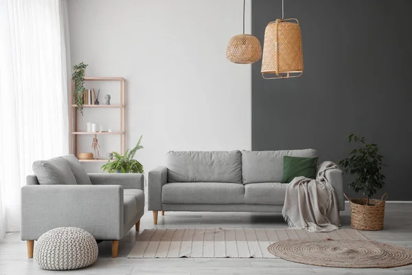 Interior Light Living Room Grey Sofas Shelving Unit Houseplants — 스톡 사진