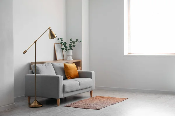 Interior Light Living Room Grey Sofa Standard Lamp — 图库照片