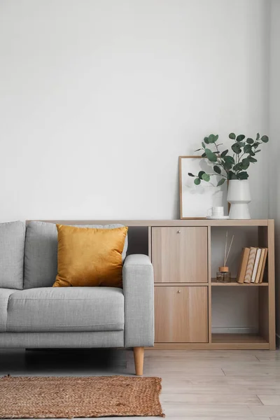 Interior Light Living Room Grey Sofa Shelving Unit — Stock Photo, Image