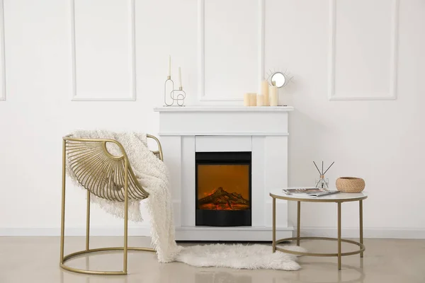 Interior Light Living Room Fireplace Armchair Table — Stok fotoğraf