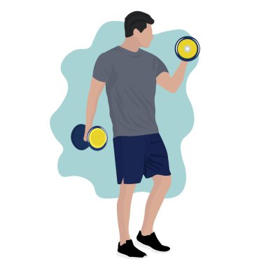 Beyaz arka planda halterleri olan sportif bir adam.