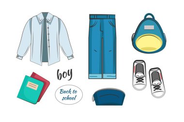 Set of stylish boy clothes and accessories for school on white background