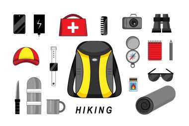 Set of many tourist's accessories on white background