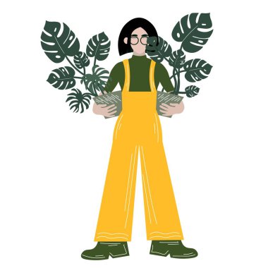 Beyaz arka planda Monstera bitkileri olan bir kadın.