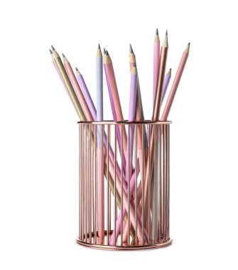 Stylish holder with ordinary pencils on white background