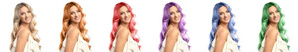 Set Beautiful Young Woman Unusual Hair Colors White Background — Stockfoto