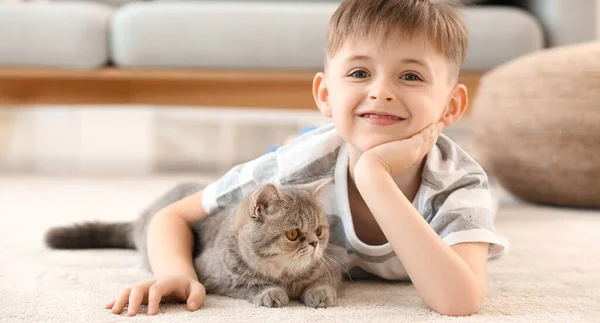 Happy Little Boy Cute Cat Home — Photo