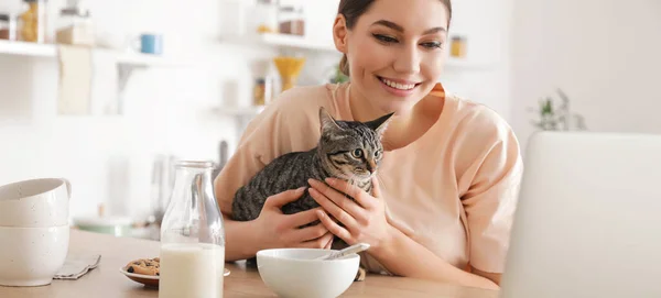 Beautiful Young Woman Cute Cat Using Laptop Kitchen — Stock Photo, Image