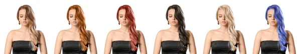 Set Beautiful Young Woman Unusual Hair Colors White Background — Φωτογραφία Αρχείου