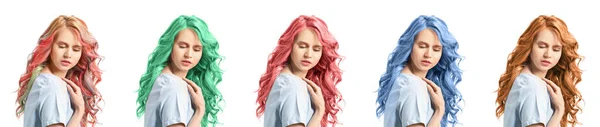 Set Beautiful Young Woman Unusual Hair Colors White Background — Stockfoto