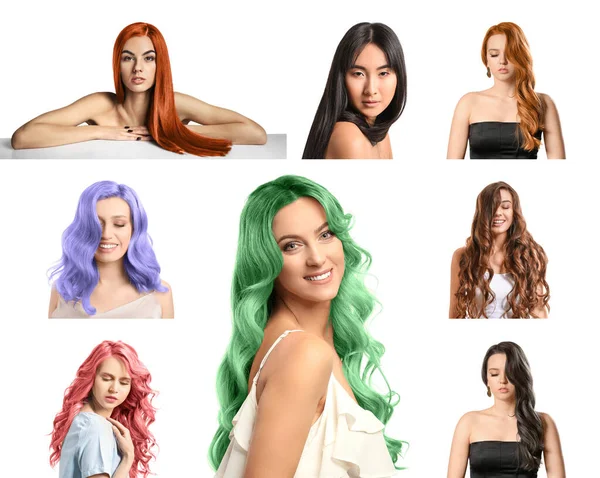 Set Beautiful Young Women Unusual Hair Colors White Background — Stockfoto