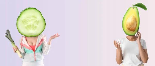 Different Women Fresh Green Vegetables Instead Heads Light Background Space — 스톡 사진