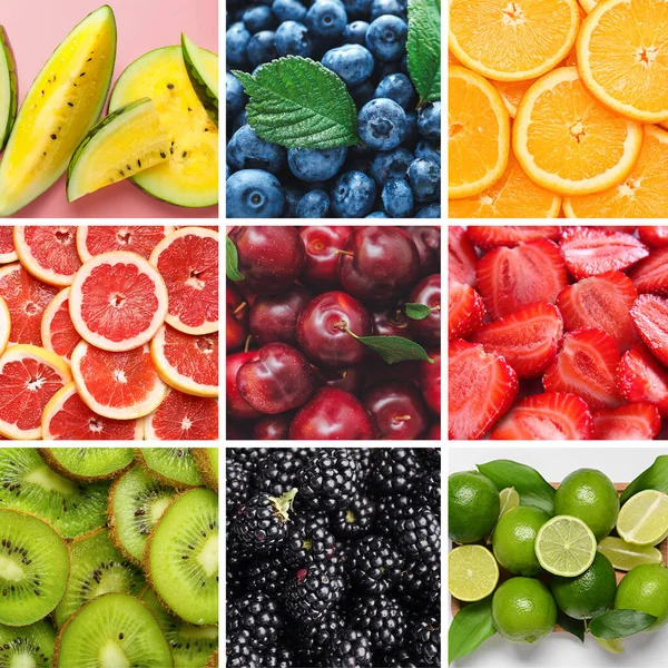 異なる熟した果物や果実とのコラージュ — ストック写真