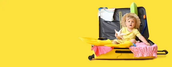 Cute Baby Girl Sitting Suitcase Yellow Background Space Text — Φωτογραφία Αρχείου