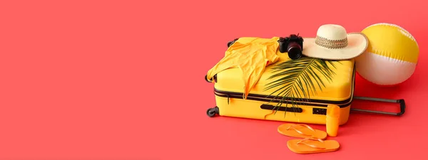 Packed Suitcase Beach Accessories Red Background Space Text — Stock Photo, Image