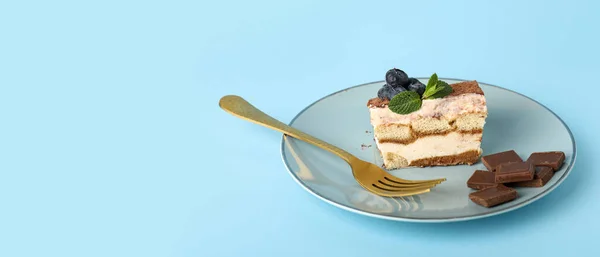 Plate Tasty Tiramisu Blue Background Space Text — Stock Photo, Image