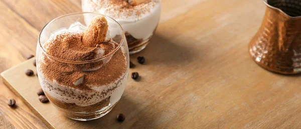 Sweet Tasty Tiramisu Wooden Table Closeup — Stock Photo, Image