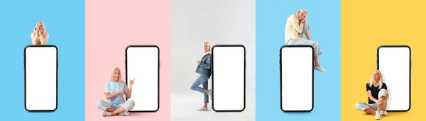 Set Mature Women Big Smartphones Blank Screens Color Background — Φωτογραφία Αρχείου