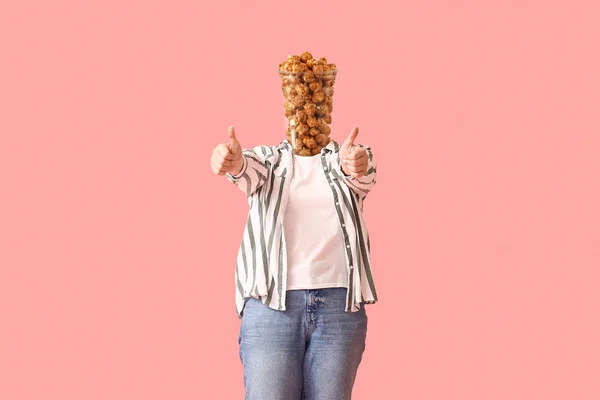 Happy Woman Cup Tasty Caramel Pop Corn Instead Her Head — Stock Fotó