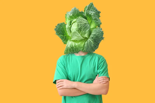 Young Man Fresh Savoy Cabbage Instead His Head Yellow Background —  Fotos de Stock