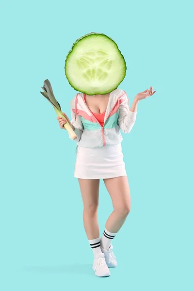 Young Woman Fresh Cucumber Piece Instead Her Head Leek Blue — Stock fotografie