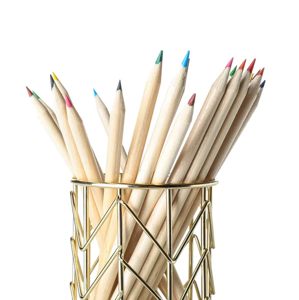 Golden Holder Different Color Pencils White Background Closeup — Stock Photo, Image
