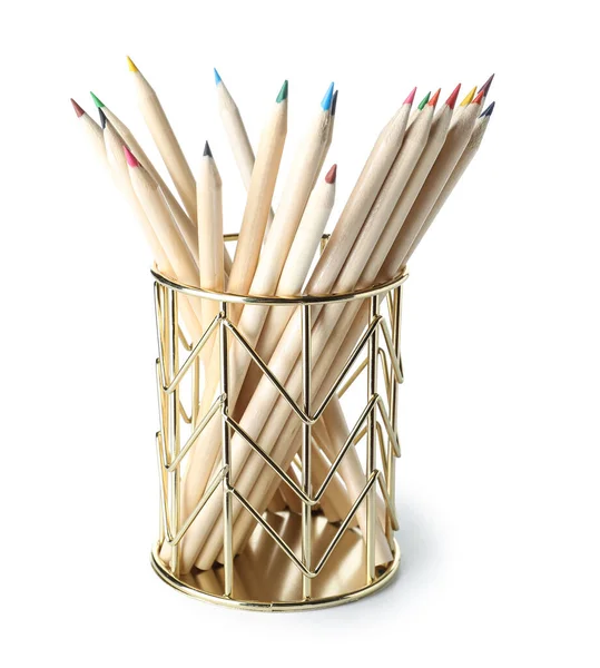 Golden Holder Different Color Pencils White Background — Stock Photo, Image