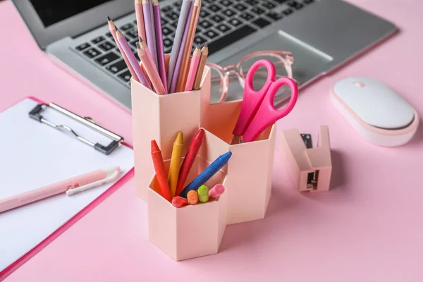 Holder Different Stationery Pink Background Closeup — Stockfoto