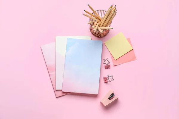 Set Different Stationery Pink Background — Stock Photo, Image