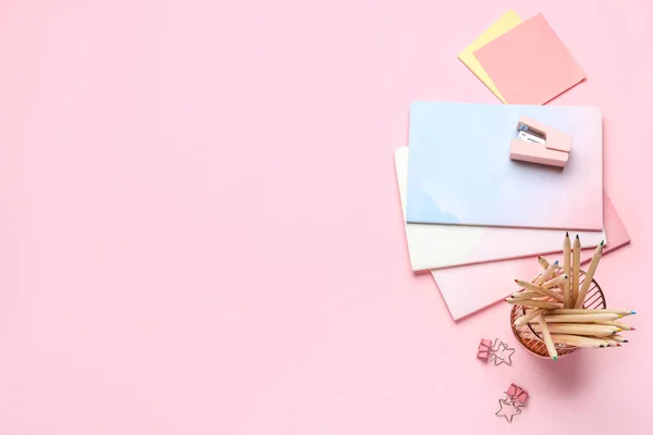 Set Different Stationery Pink Background — Stok fotoğraf