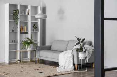 Gri kanepe, masa ve raf ünitesi olan aydınlık oturma odasının içinde.