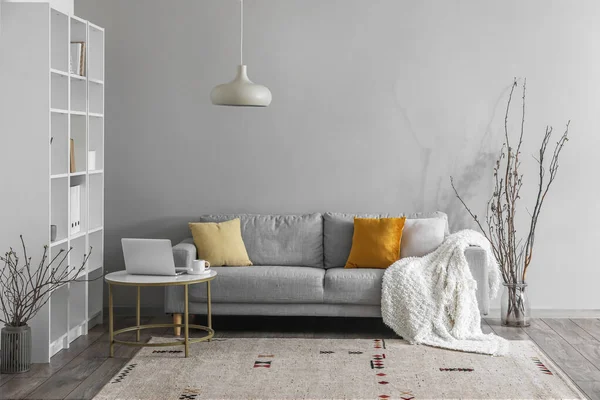 Interior Light Living Room Grey Sofa Table Tree Branches Vase — 图库照片