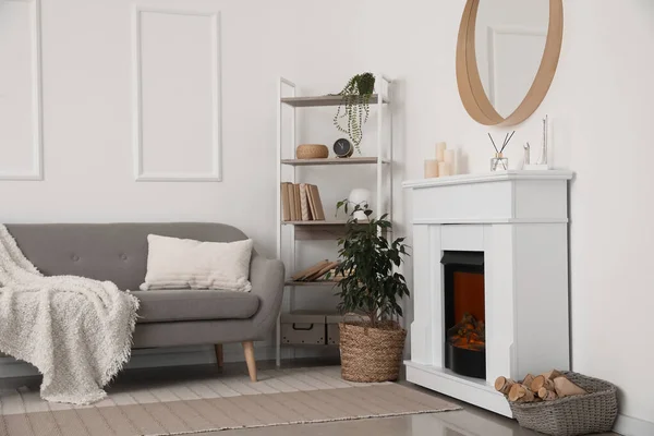Interior Light Living Room Fireplace Shelving Unit Mirror — Stock Photo, Image