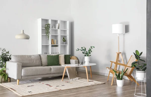 Interior Light Living Room Grey Sofa Table Shelving Unit — Stockfoto