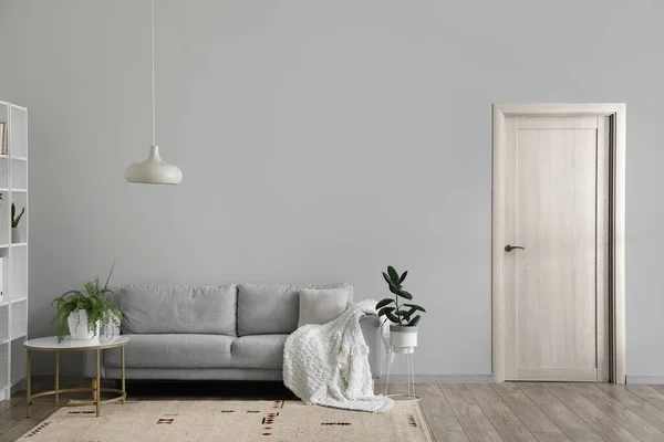 Grey Sofa Table Houseplants Light Wall — Stock Fotó