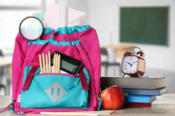 School Backpack Stationery Apple Clock Table Classroom — Stock Fotó