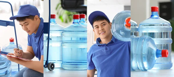 Collage with Asian courier delivering bottles of water