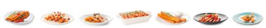 Set of tasty baked carrot on white background