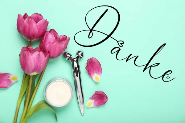 Cosmetic Cream Face Massage Tool Flowers Word Danke German Thanks — Photo