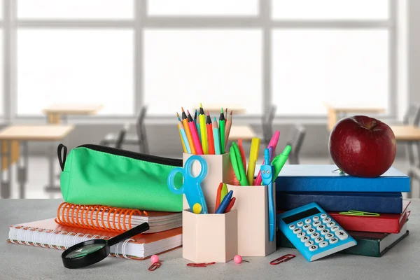 Set School Stationery Apple Table Classroom — Stock Photo, Image