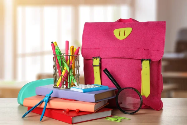 Set School Stationery Backpack Table Classroom — Stock Fotó