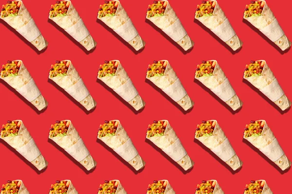 Many Delicious Burritos Red Background Pattern Design — Stok fotoğraf