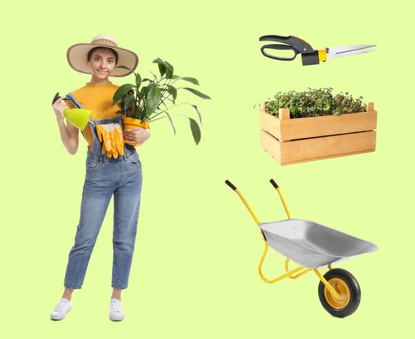 Young Woman Gardening Tools Color Background — Stock fotografie