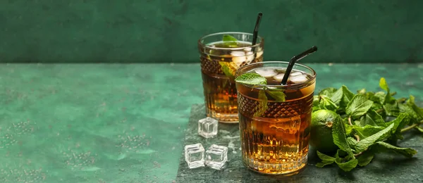 Glasses Tasty Cuba Libre Cocktail Green Background Space Text — 스톡 사진