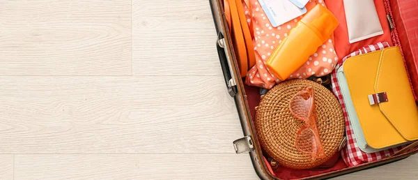 Packed Suitcase Floor Travel Concept —  Fotos de Stock