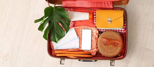 Packed Suitcase Floor Top View Travel Concept —  Fotos de Stock