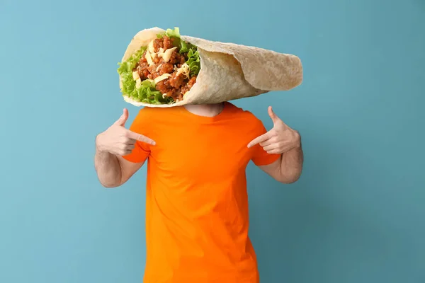 Young Man Tasty Burrito Instead His Head Blue Background — Stockfoto