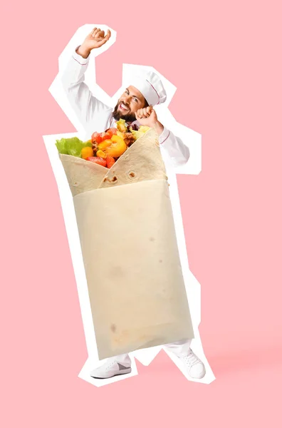 Happy Male Chef Tasty Burrito Instead His Body Pink Background —  Fotos de Stock