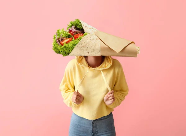 Young Woman Tasty Fajitas Instead Her Head Pink Background — Stock Photo, Image